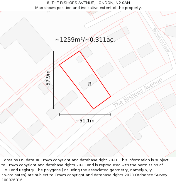 8, THE BISHOPS AVENUE, LONDON, N2 0AN: Plot and title map