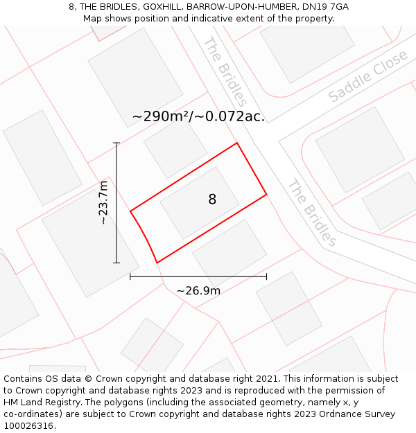 8, THE BRIDLES, GOXHILL, BARROW-UPON-HUMBER, DN19 7GA: Plot and title map