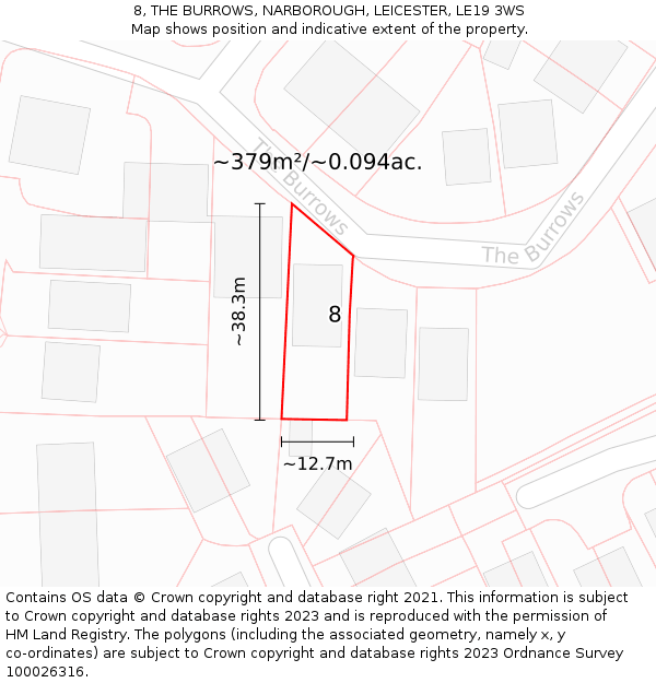 8, THE BURROWS, NARBOROUGH, LEICESTER, LE19 3WS: Plot and title map