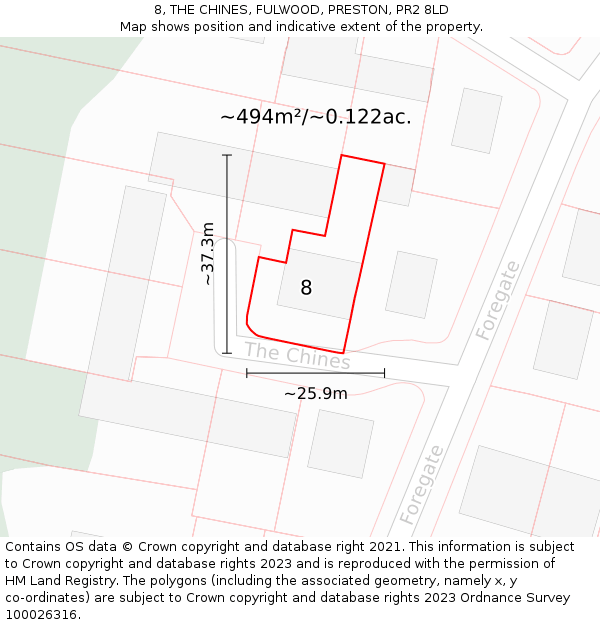 8, THE CHINES, FULWOOD, PRESTON, PR2 8LD: Plot and title map