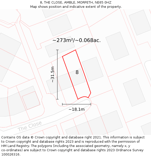 8, THE CLOSE, AMBLE, MORPETH, NE65 0HZ: Plot and title map