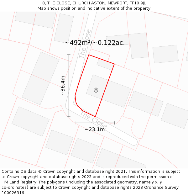 8, THE CLOSE, CHURCH ASTON, NEWPORT, TF10 9JL: Plot and title map