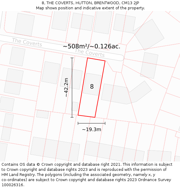 8, THE COVERTS, HUTTON, BRENTWOOD, CM13 2JP: Plot and title map