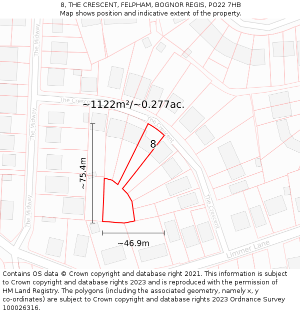 8, THE CRESCENT, FELPHAM, BOGNOR REGIS, PO22 7HB: Plot and title map