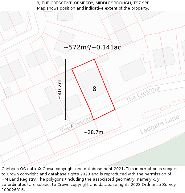 8, THE CRESCENT, ORMESBY, MIDDLESBROUGH, TS7 9PF: Plot and title map