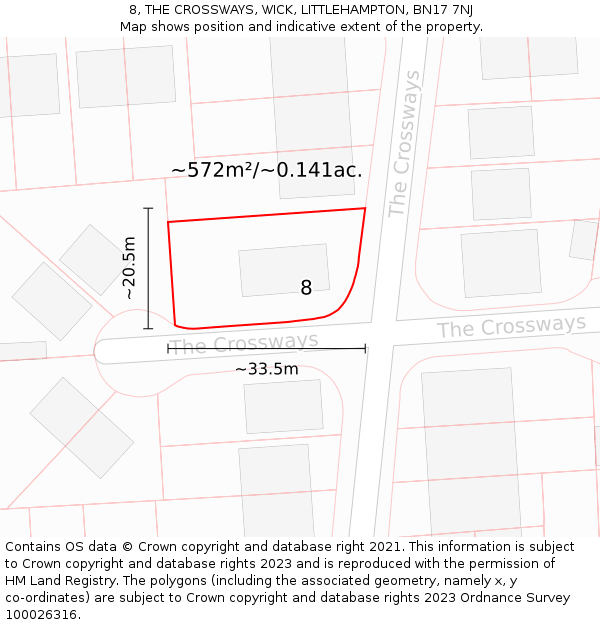 8, THE CROSSWAYS, WICK, LITTLEHAMPTON, BN17 7NJ: Plot and title map