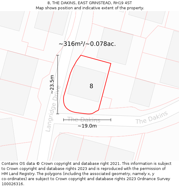 8, THE DAKINS, EAST GRINSTEAD, RH19 4ST: Plot and title map