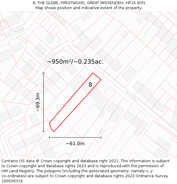 8, THE GLEBE, PRESTWOOD, GREAT MISSENDEN, HP16 9DN: Plot and title map