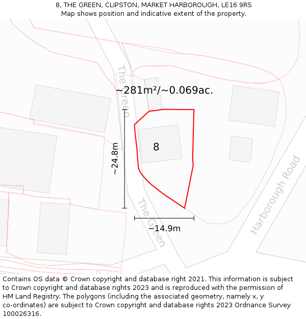 8, THE GREEN, CLIPSTON, MARKET HARBOROUGH, LE16 9RS: Plot and title map