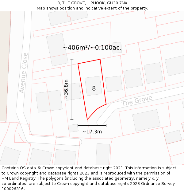 8, THE GROVE, LIPHOOK, GU30 7NX: Plot and title map