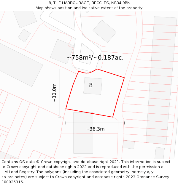 8, THE HARBOURAGE, BECCLES, NR34 9RN: Plot and title map