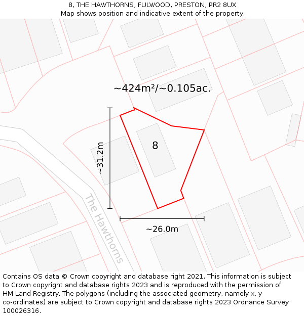 8, THE HAWTHORNS, FULWOOD, PRESTON, PR2 8UX: Plot and title map