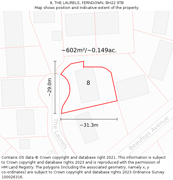 8, THE LAURELS, FERNDOWN, BH22 9TB: Plot and title map