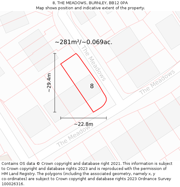 8, THE MEADOWS, BURNLEY, BB12 0PA: Plot and title map