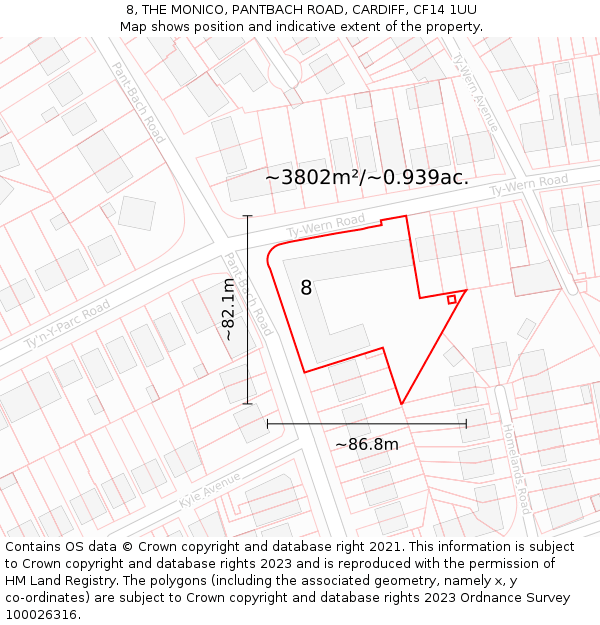 8, THE MONICO, PANTBACH ROAD, CARDIFF, CF14 1UU: Plot and title map