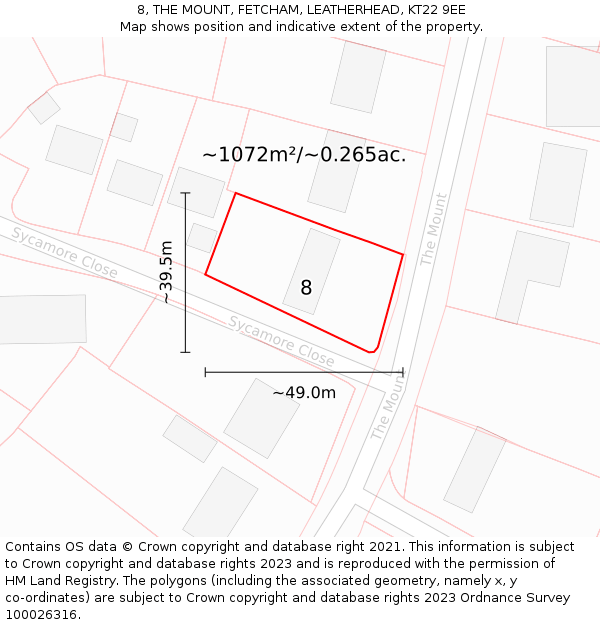 8, THE MOUNT, FETCHAM, LEATHERHEAD, KT22 9EE: Plot and title map