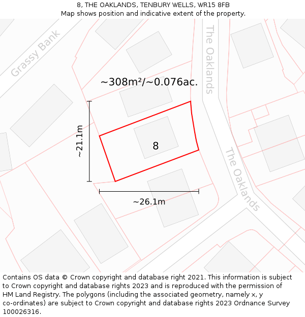 8, THE OAKLANDS, TENBURY WELLS, WR15 8FB: Plot and title map