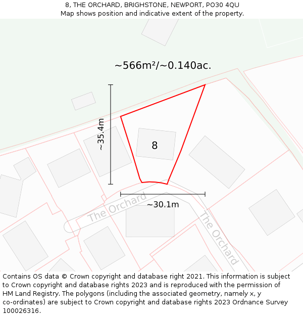 8, THE ORCHARD, BRIGHSTONE, NEWPORT, PO30 4QU: Plot and title map