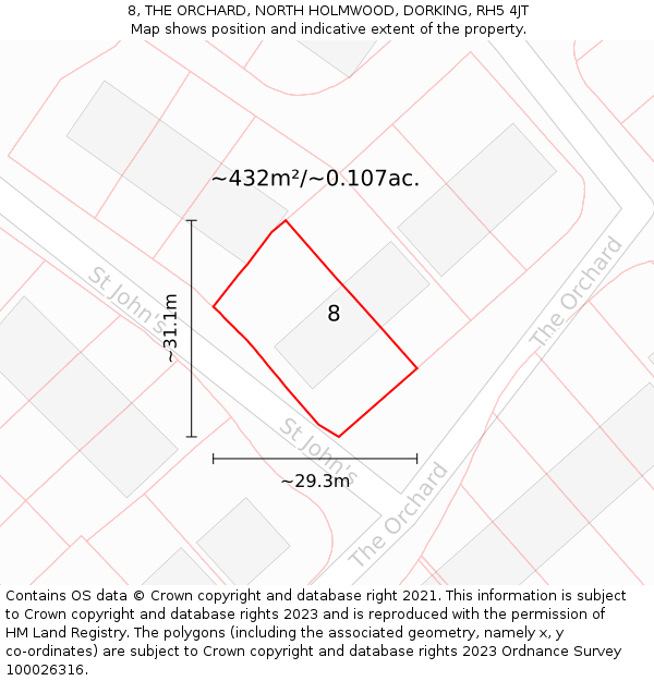 8, THE ORCHARD, NORTH HOLMWOOD, DORKING, RH5 4JT: Plot and title map