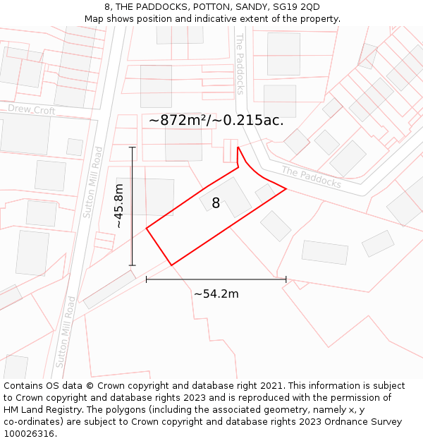 8, THE PADDOCKS, POTTON, SANDY, SG19 2QD: Plot and title map