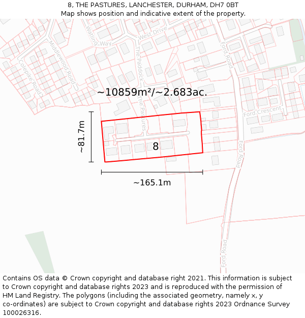 8, THE PASTURES, LANCHESTER, DURHAM, DH7 0BT: Plot and title map