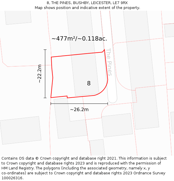 8, THE PINES, BUSHBY, LEICESTER, LE7 9RX: Plot and title map