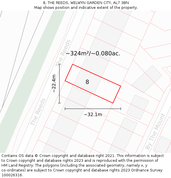 8, THE REEDS, WELWYN GARDEN CITY, AL7 3BN: Plot and title map