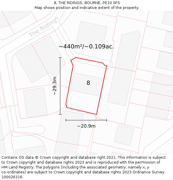 8, THE RIDINGS, BOURNE, PE10 0FS: Plot and title map