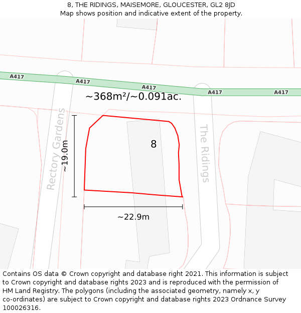 8, THE RIDINGS, MAISEMORE, GLOUCESTER, GL2 8JD: Plot and title map