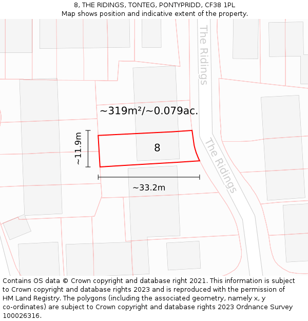 8, THE RIDINGS, TONTEG, PONTYPRIDD, CF38 1PL: Plot and title map