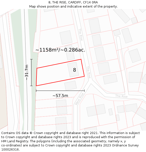 8, THE RISE, CARDIFF, CF14 0RA: Plot and title map