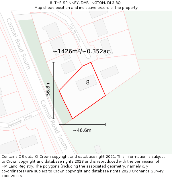 8, THE SPINNEY, DARLINGTON, DL3 8QL: Plot and title map