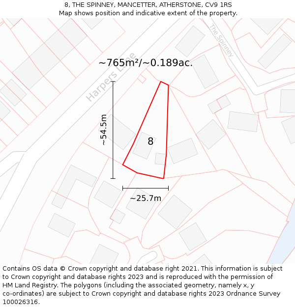 8, THE SPINNEY, MANCETTER, ATHERSTONE, CV9 1RS: Plot and title map