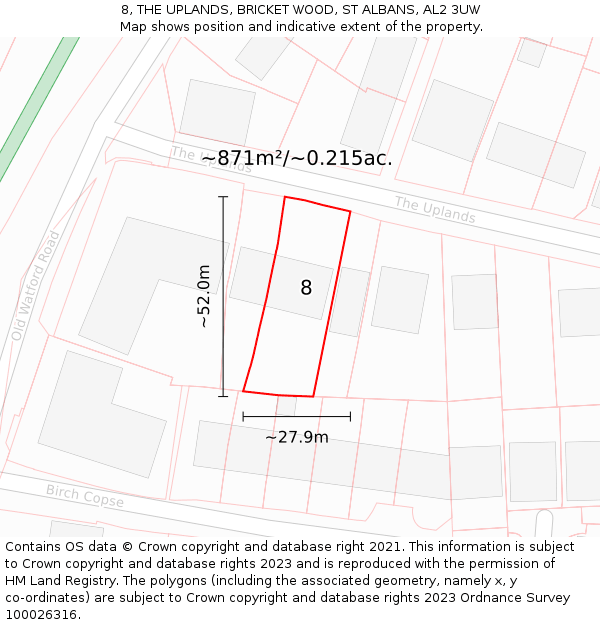 8, THE UPLANDS, BRICKET WOOD, ST ALBANS, AL2 3UW: Plot and title map