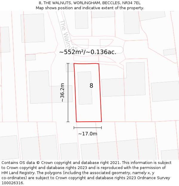 8, THE WALNUTS, WORLINGHAM, BECCLES, NR34 7EL: Plot and title map