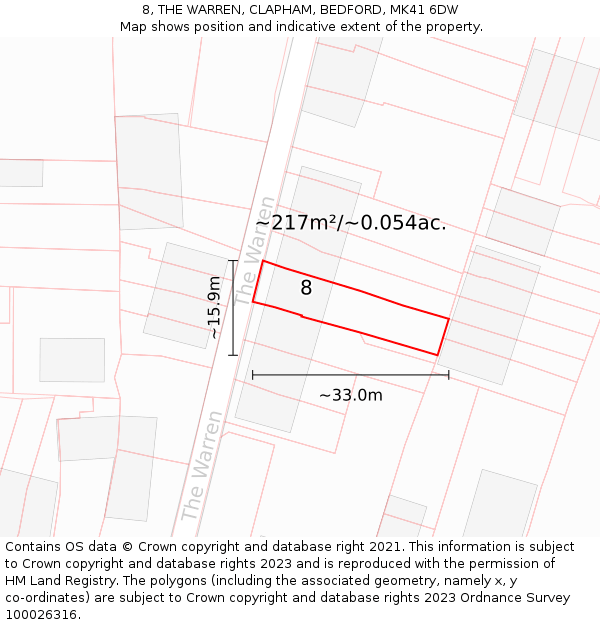 8, THE WARREN, CLAPHAM, BEDFORD, MK41 6DW: Plot and title map