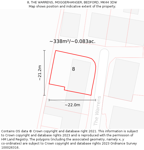 8, THE WARRENS, MOGGERHANGER, BEDFORD, MK44 3DW: Plot and title map