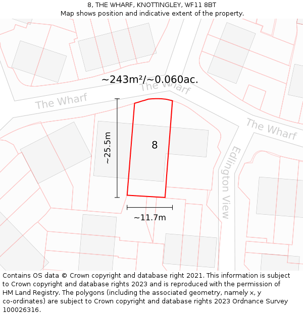 8, THE WHARF, KNOTTINGLEY, WF11 8BT: Plot and title map