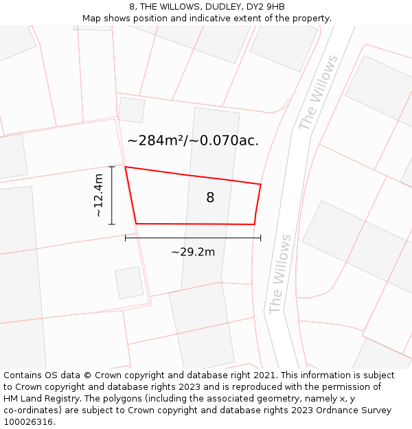 8, THE WILLOWS, DUDLEY, DY2 9HB: Plot and title map