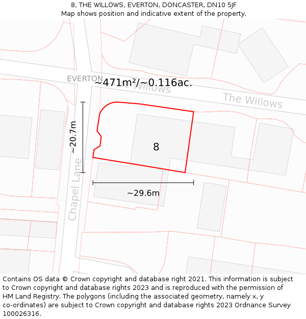 8, THE WILLOWS, EVERTON, DONCASTER, DN10 5JF: Plot and title map