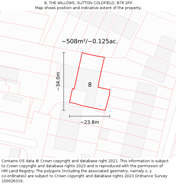 8, THE WILLOWS, SUTTON COLDFIELD, B76 2PX: Plot and title map