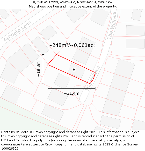 8, THE WILLOWS, WINCHAM, NORTHWICH, CW9 6PW: Plot and title map