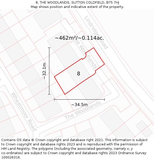 8, THE WOODLANDS, SUTTON COLDFIELD, B75 7HJ: Plot and title map