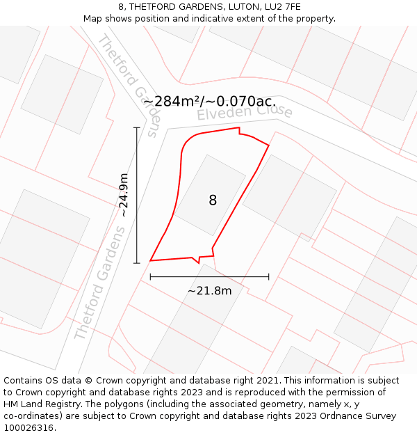 8, THETFORD GARDENS, LUTON, LU2 7FE: Plot and title map
