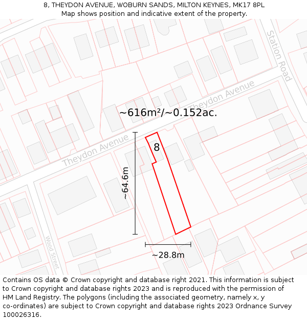 8, THEYDON AVENUE, WOBURN SANDS, MILTON KEYNES, MK17 8PL: Plot and title map