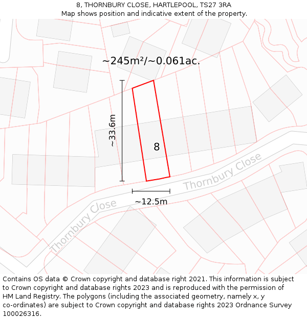 8, THORNBURY CLOSE, HARTLEPOOL, TS27 3RA: Plot and title map