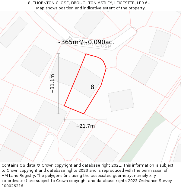 8, THORNTON CLOSE, BROUGHTON ASTLEY, LEICESTER, LE9 6UH: Plot and title map