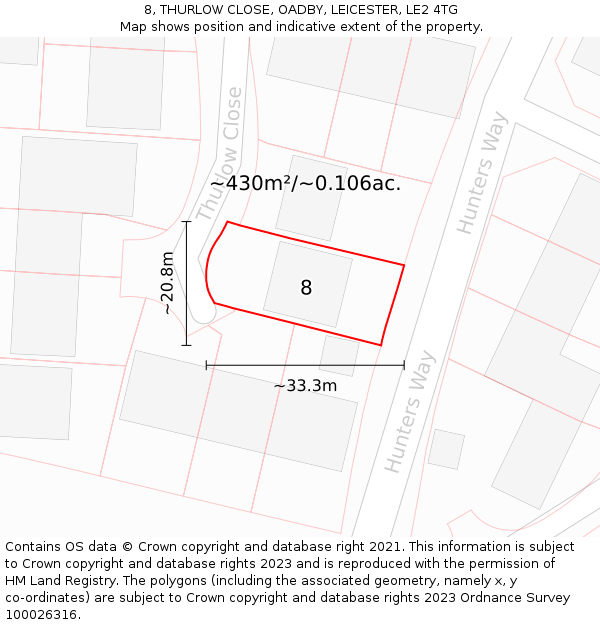 8, THURLOW CLOSE, OADBY, LEICESTER, LE2 4TG: Plot and title map