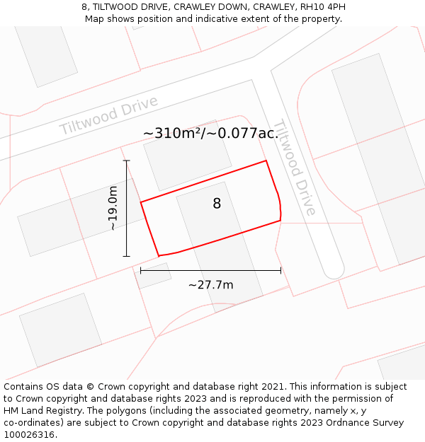 8, TILTWOOD DRIVE, CRAWLEY DOWN, CRAWLEY, RH10 4PH: Plot and title map