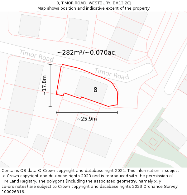 8, TIMOR ROAD, WESTBURY, BA13 2GJ: Plot and title map